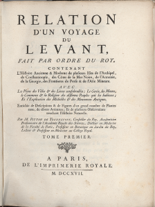 Title page of the account of Joseph Pitton de Tournefort's journey through the Levant